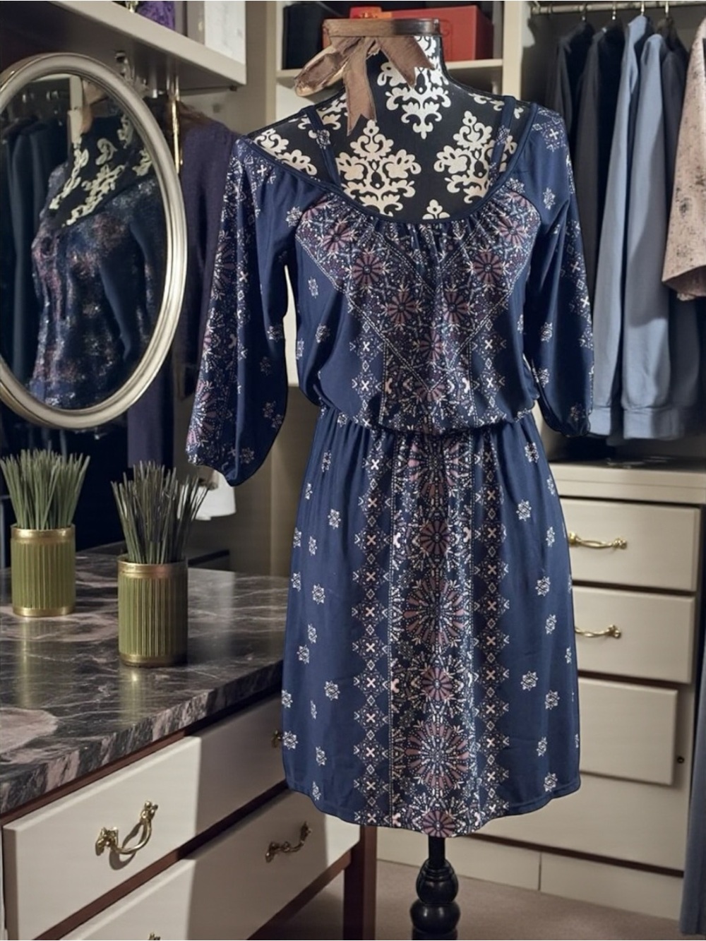 Boho Walks Maurice Vintage Blue Floral Long Sleeve Round Knee Length Dress​